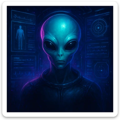 Epic alien inspired by the reference image, surrounded by holographic life support stats, cinematic lighting, glowing blue and purple highlights, no text, no controller, no hoodie, focus on sci-fi atmosphere, in a detailed sci-fi style. sticker