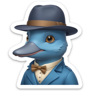 cute blue platypus with a detective hat and monocle on his eye, no  hands, looks like a platypus but blue sticker