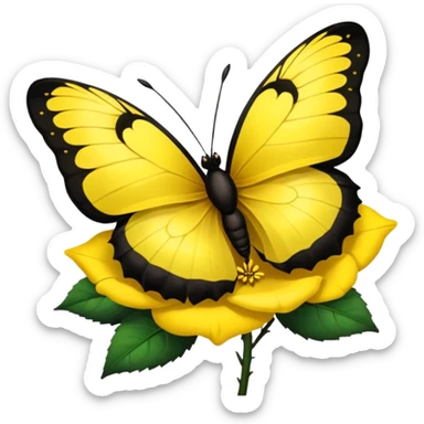 REALISTIC detailed black rose, bright yellow butterfly resting on petals sticker