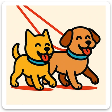 Minimalist version of the emoji showing two happy dogs walking together on a double leash, with simple lines and few details, in a friendly and clear style. sticker