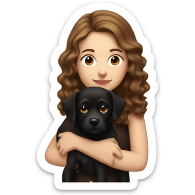 white girl with wavy brown hair holding black dog sticker
