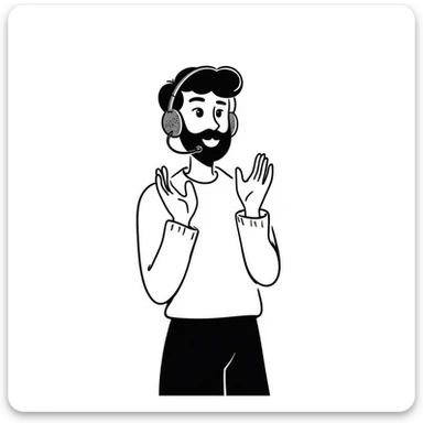 Anime style man with black hair, brown eyes, and black beard wearing gaming headset and clapping in celebration, anime art style sticker