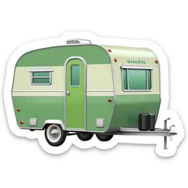 1960s Shasta trailer, single axle wheels, colored all green, the same green shade as movie trailer green preview card, light grey tires and grey hitch sticker