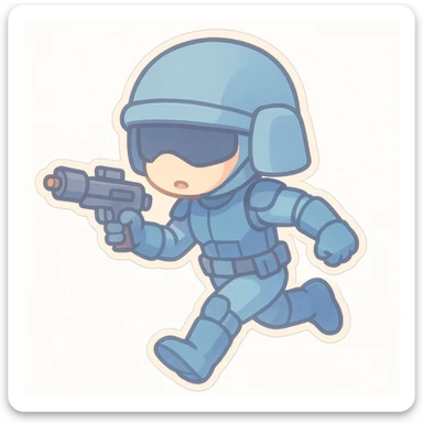chibi sticker of a sci-fi soldier in a mostly blue uniform, running with a blaster, dynamic pose, pastel colors, white background sticker