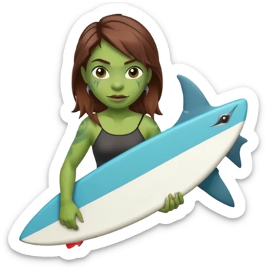 orc female holds a little surfboard with a shark painted vertically in his hands sticker