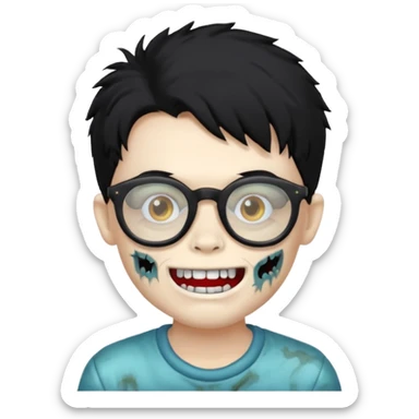 Zombie boy with fluffy hair wearing glasses while showing his white teeth sticker