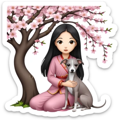 A young Chinese girl with long black hair and a dark grey Italian Greyhound with absolutely no white marks on its body or nose sitting under a cherry blossom tree sticker
