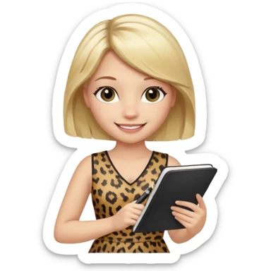 Blond hair girl with a leopard print dress and black leggings smiling holding a note book and a pen sticker