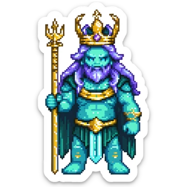 Neptune god of the sea wielding golden trident, blue-green skin, wearing crown sticker