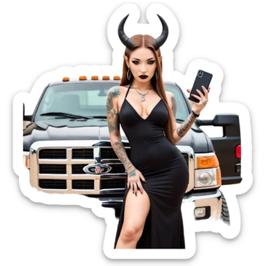 Sensual queen long brown straight haired mafia woman with black shiny platform high heels on her feet,  and black devil horns on her head, tattoos on arms , holding a stack of cash, has a phone in other hand. Sitting on a large big new model F350 pickup truck  long black dress with sexy butt sticker