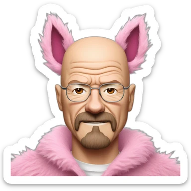 walter white wearing a pink wolf furry suits, slight blush cheeks, expressing a reaction mixed with excitement and embarrassment. sticker