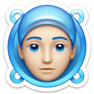 A non-human presence appearing as a glowing blue-white holographic interface with floating geometric shapes or a faint head-and-shoulders outline and no physical facial features. sticker