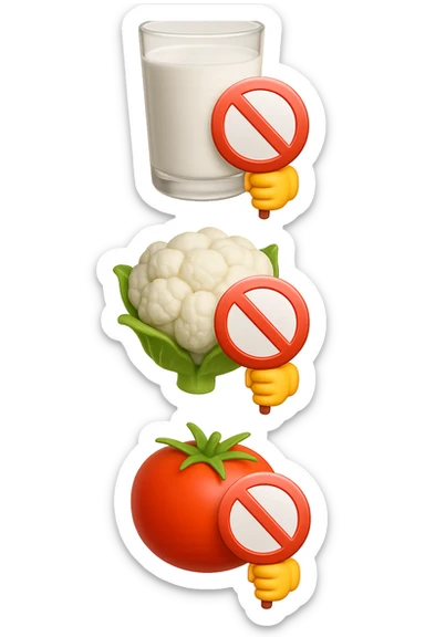 emoji stile iphone di un BICCHIERE DI LATTE CAVOLFIORE E POMODORO CHE FLUTTUANO IN ARIA VERTICALMENTE CON DIVIETI IN MANO, iperrealistico 4k, isolato su sfondo bianco sticker