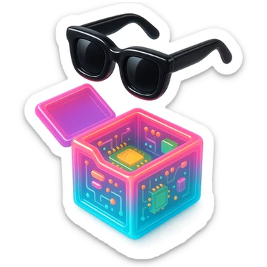 a neon box opened with black sunglasses floating above, outlined with bright neon colors, minimal background sticker