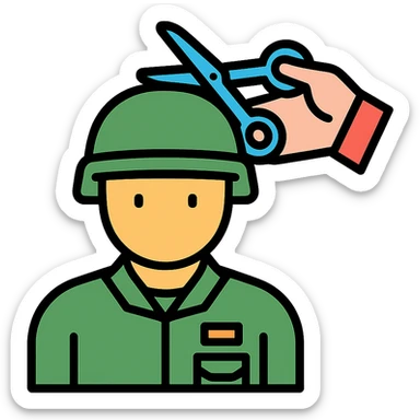 a soldier man getting a haircut, color outline icon style sticker