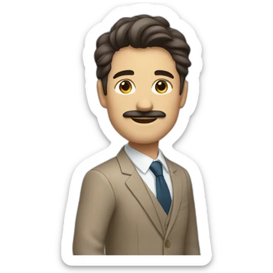 Man with light brown suit, dark hair and small mustache waving sticker