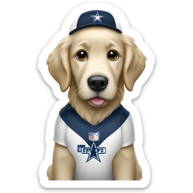 white golden retriever wearing Dallas Cowboy football uniform sticker