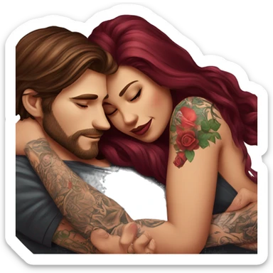 Beautiful tattooed burgundy long haired woman laying on the boyfriends chest sticker