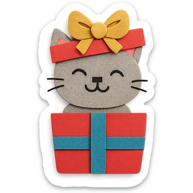 cat inside a gift box with a ribbon on head, smiling, paper-craft style sticker