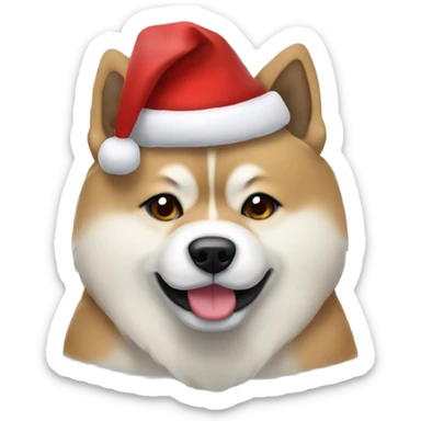Akita with teddy in his mouth and cute eyes and cute smile with a Christmas hat sticker
