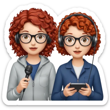 two girls. both white. one with curly red hair and glasses. one with curly brown hair without glasses. there are headphones and microphones for doing a podcast sticker