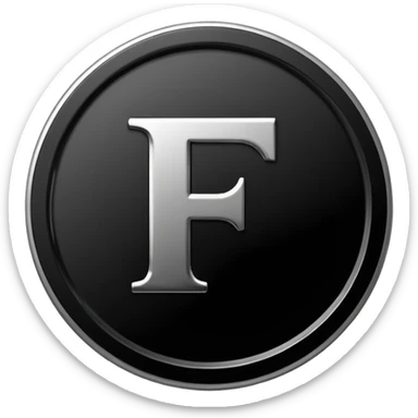 Emoji icon of a black coin with engraved letter F, minimalist style, isolated sticker