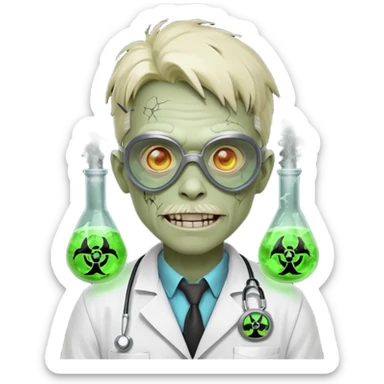 radioactive zombie scientist portrait, head and shoulders only, glowing toxic veins, cracked goggles, lab coat with radiation badge, sinister smile, 3D cartoon, mobile game icon style, clean background, no text, no watermark
 sticker