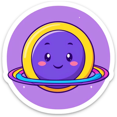 purple planet with colorful rainbow rings and a cute happy face with rosy cheeks sticker