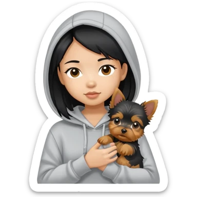 a black-haired asian girl in a gey hoodie with a yorkie puppy sticker