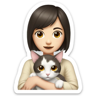 A pale girl with dark brown hair and dark brown eyes and bangs holds a white cat in her hands sticker