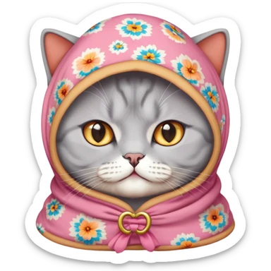 A british shorthair peach cat wearing a colorful babushka sticker