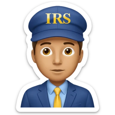 a man dressed in a blue suit with a cap on that says IRS in yellow letters sticker