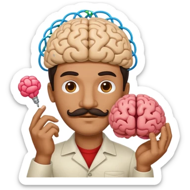 mustachioed man with dark hair holding a brain as an emoji no curl to mustache  sticker
