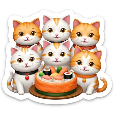 6 happy cats enjoying a sushi birthday party sticker