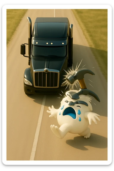 Increase the distance between the truck and the abominable snowman in a light and realistic scene. Show a hammer actively hitting the snowman from a top-down view. No text in the image. sticker