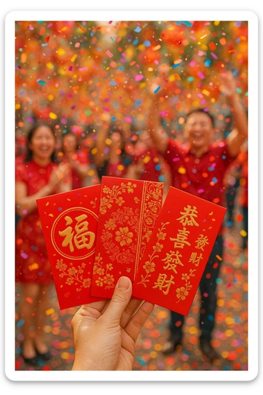 Chinese New Year red envelopes with confetti, joyful celebration sticker