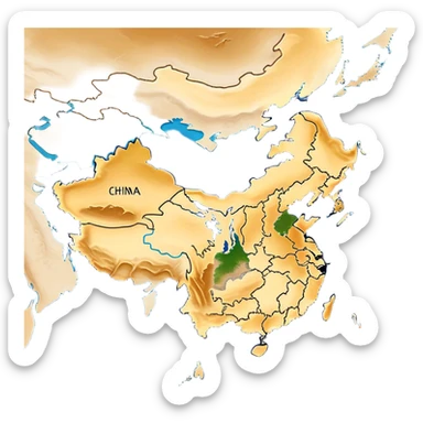 Cinematic-realistic outline of china, featuring its distinct landmass with accurately defined coastlines. The deep blue ocean surrounds the golden-brown continent, with subtle topographic shading to highlight its terrain. A soft glowing effect enhances the edges, making the shape stand out against a neutral, textured background. sticker