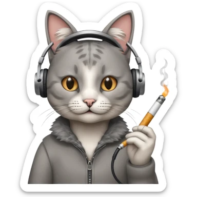 cat in headphones with a cigarette in his hand  sticker