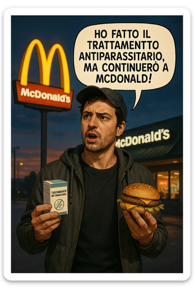 A realistic, cinematic illustration of a man in his early 30s with a confused yet stubborn expression, standing outside a McDonald's at dusk, holding a small box labeled 'Trattamento Antiparassitario' in one hand while holding a large McDonald's burger in the other. He is mid-sentence, saying 'Ho fatto il trattamento antiparassitario, ma continuerò a mangiare al McDonald!' in an expressive speech bubble. The man wears casual streetwear, and behind him, the McDonald's golden arches glow under a neon-lit sky. The mood is ironic and educational, highlighting the contradiction of doing parasite cleanses while continuing unhealthy fast-food habits. The style is realistic with slight illustrative clarity, emphasizing the message humorously while maintaining a serious undertone about lifestyle choices and health in italiano sticker