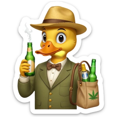 Drunk and high duck animal holding beed bottle and a bag of weed sticker