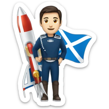 British yorkshire man dark brown hair clean shaven straddling a rocket with Scotland flag flying sticker
