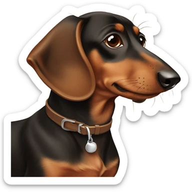 A Brown dachshund with a collar on that has Otis on it sticker