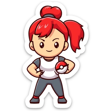 female pokemon trainer with red hair in a ponytail, holding a pokeball, confident pose sticker