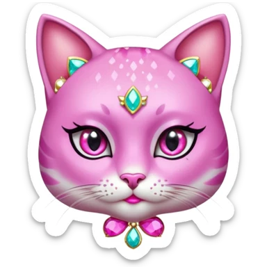 glamorous cat portrait, head and shoulders only, exaggerated pink makeup, bright eyeshadow, long eyelashes, shiny blush cheeks, sparkling face gems, glitter accents, elegant earrings, fantasy beauty style, cute 3D cartoon, mobile game icon style, clean background, no text, no watermark
 sticker