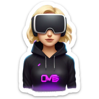 Russian cute blond student girl wearing black hoody with violet letters "OMG", in vr headset. No eyes. Cyberpunk style. Violet neon. sticker