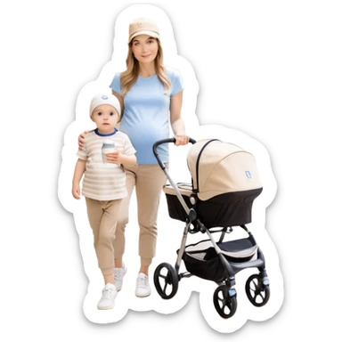 A mom with a brown stroller, a coffee cup attached to it. Inside, a 6-month-old baby boy with light brown hair and blue eyes. The mom is wearing a beige T-shirt and a matching beige cap. The baby is dressed in white sneakers, a white and blue striped T-shirt, and jeans sticker