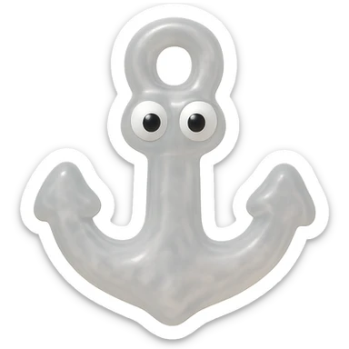 Make the anchor even more transparent and slightly see-through, keeping the natural metallic gray color, in a retro 90's toy style with derpy eyes, soft plastic texture, soft reflections, soft and squishy appearance, some cloudiness, not shiny, highly detailed and appealing. Remove any tags and background. sticker