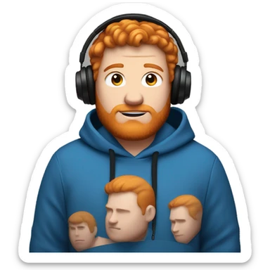 A vary fat ginger haired  guy with black headphones and a blue hoodie sticker