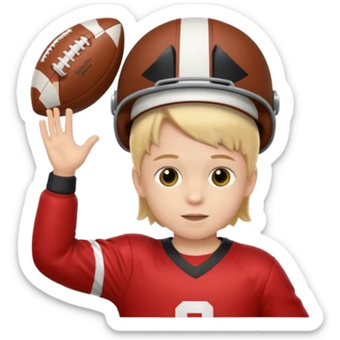 A child stands in a football costume, holding an actor's hat sticker