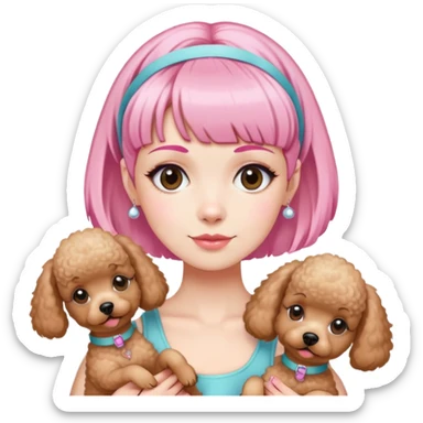 short pixie bangs platinated woman pink hair band，fair-skinned ,no earringsholding two poodles sticker